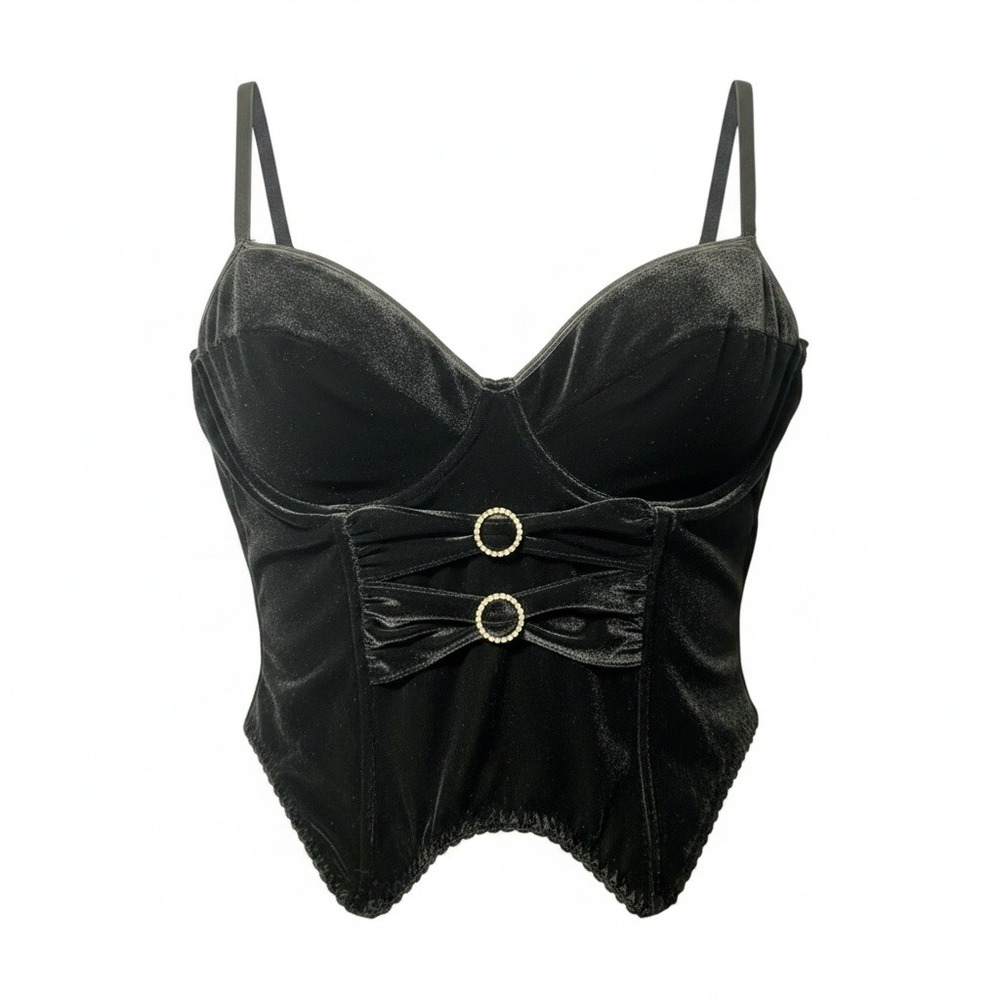 Vintage Velvet Corset Top Womens Black Rhinestone Witchy Goth Victorian Coquette